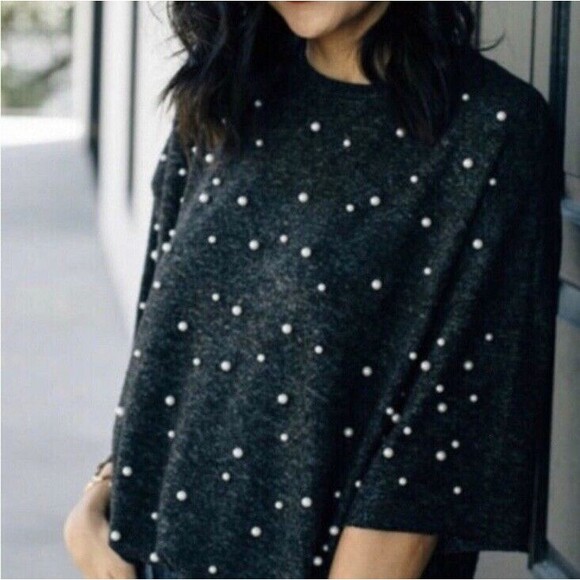 ZARA Pearl Buttery Soft Touch Sweater Charcoal Grey Oversized 3/4 Sleeves SZ S - Picture 2 of 12